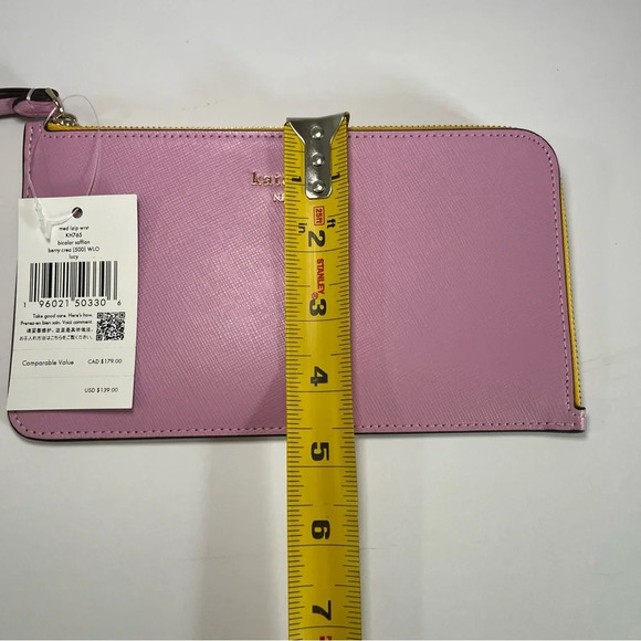 NWT Kate Spade Lucy Lavender Pink & Yellow Leather L-Zip Wristlet KH765 Wallet - Picture 10 of 11
